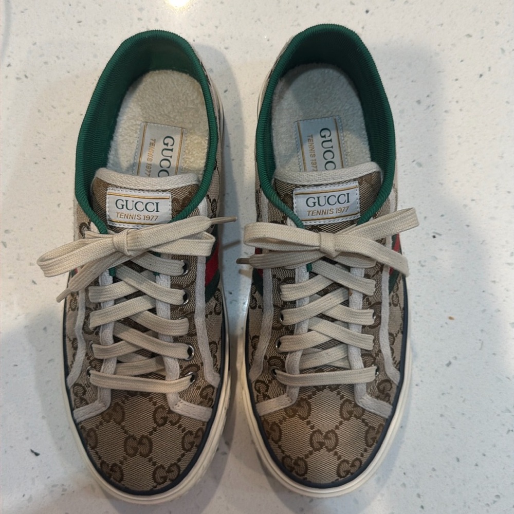 GG Monogram web Women 1977 Tennis Sneakers size 8/37.5 Beige Ebony Mystic White